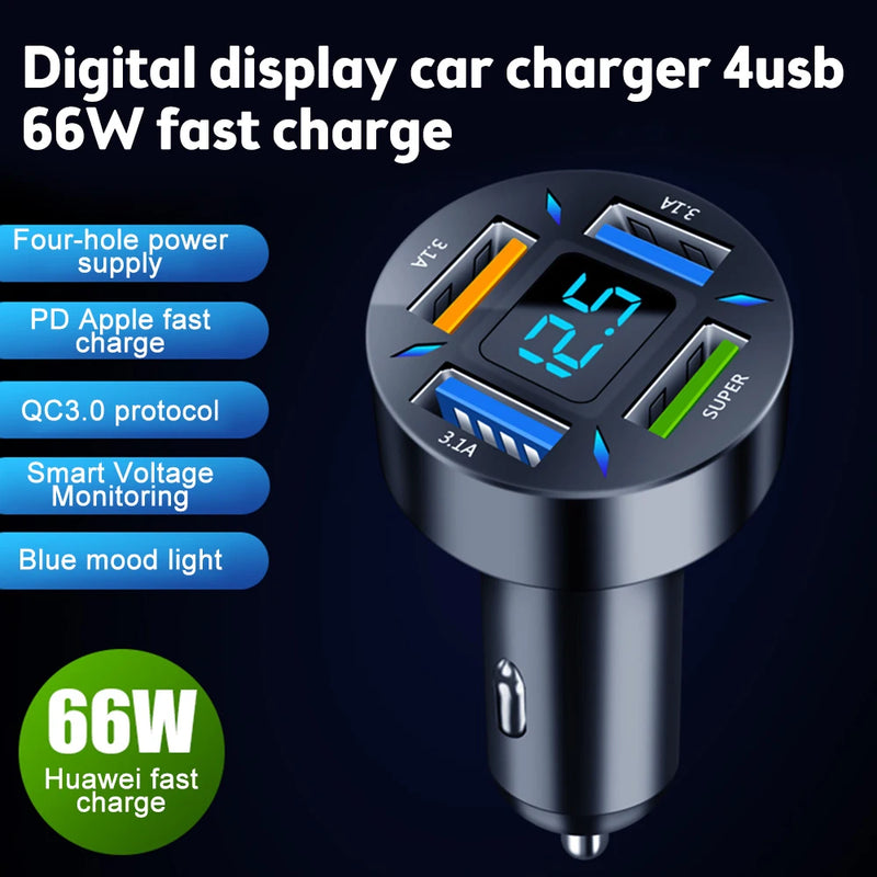 66W Car Volt Meter 4 Ports USB Car Charger Fast Charging PD Quick Charge 3.0 USB C Car Phone Charger Adapter For Phone Voltmeter